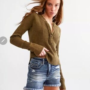 Free People Olive Green Ribbed Long Sleeve Top